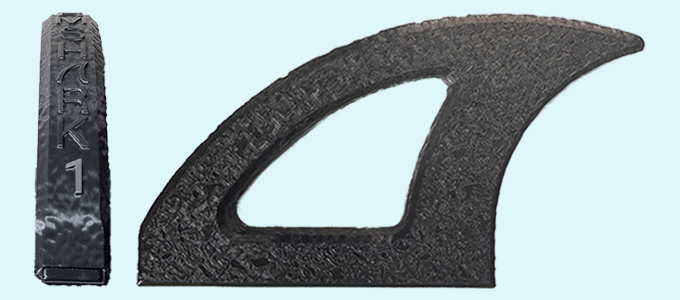 Large Amateur Arm Shark fin shown from the front and side